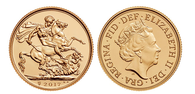 Goldmünze Sovereign der Royal Mint - jeweils Vorder und Rückseite